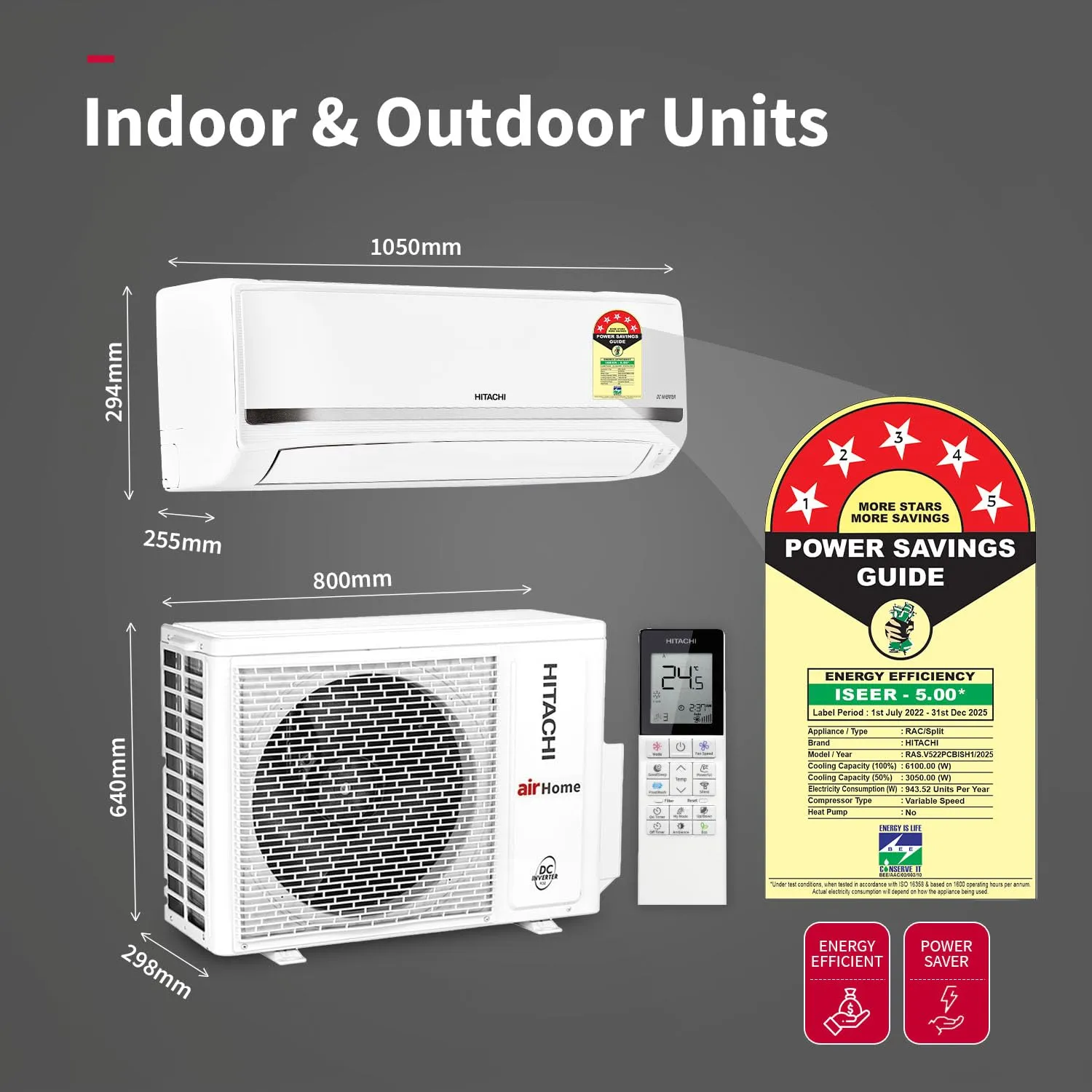 Hitachi RAS.V522PCBISH1 2 Ton Class 5 Star, 4-Way Swing, ice Clean, Xpandable , Inverter Split AC (100% Copper, Dust Filter, 5500STXL  White)