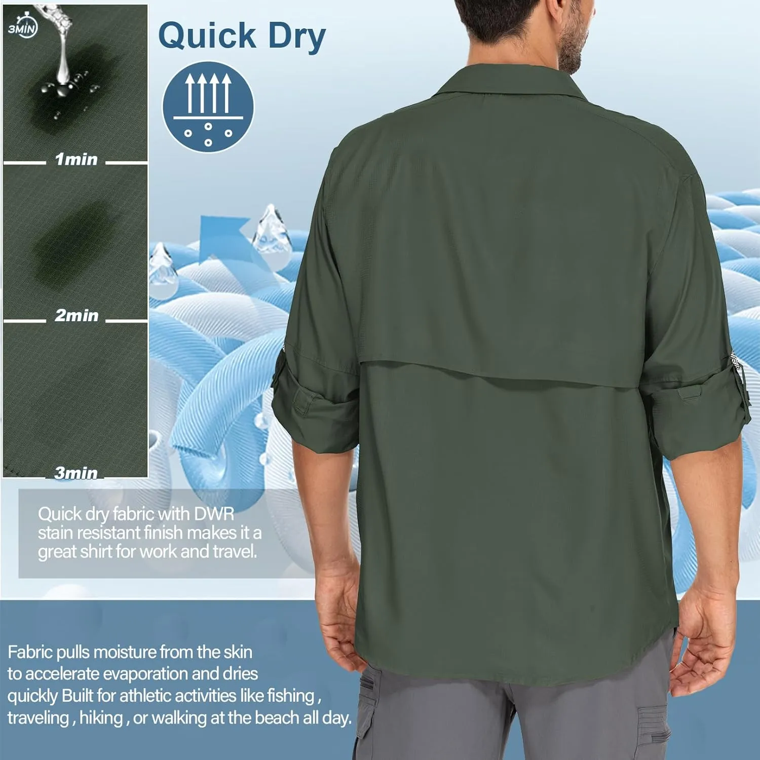 Mens Safari Shirts Long Sleeve UV Protection Hiking Fishing UPF 50  Quick Dry Camping Travel Shirts