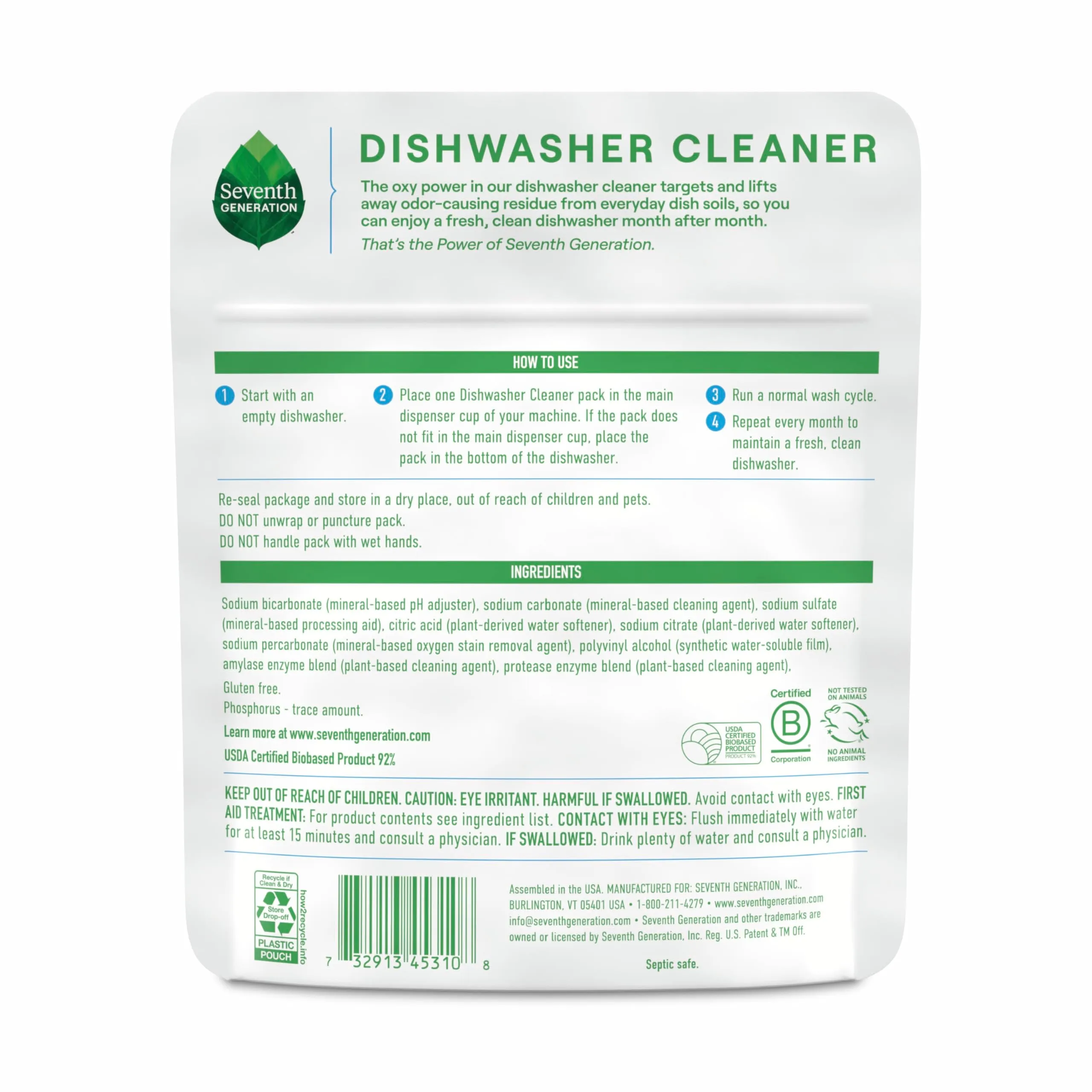 Seventh Generation Dishwasher Cleaning Packs 6 Count Free & Clear Removes odor-causing residue Powered by oxy power